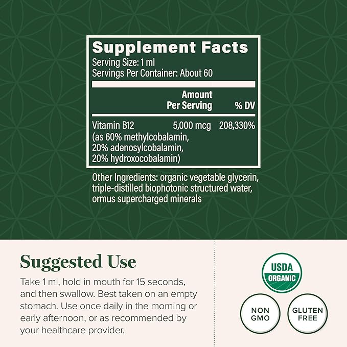 Global Healing - Organic Vitamin B12 5000 MCG Sublingual Liquid - Methylcobalamin, Hydroxo Blend & More - Methylated Drops for Adults - Vegan, Non-GMO, VIT B12, Vitamins Supplement (2 Oz)