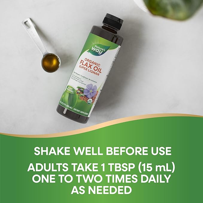 Nature's Way Organic Flax Oil Super Lignan, Omega-3, 6, 9 Fatty Acids(1), Cold-Pressed, Unrefined, Hexane Free, 16 Fl Oz (Packaging May Vary)