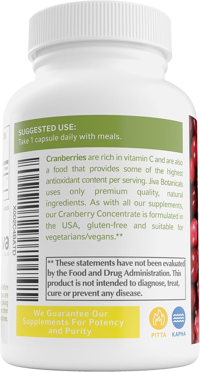 Jiva Botanicals Concentrated Cranberry Supplement - 650 mg Cranberry Powder Extract Pills for Women - High Potency for Normal Urinary Tract Health - 60 Capsules