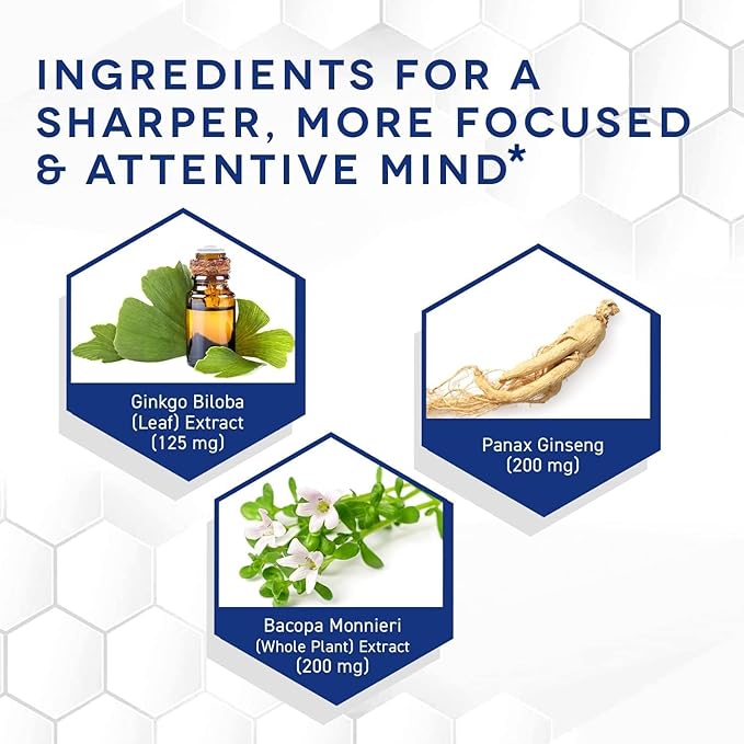 NATURAL STACKS Ginkgo Biloba Supplement with 200mg Panax Ginseng & 200mg Bacopa Monnieri - Brain Supplements for Memory and Focus - Korean Ginseng for Brain Health Support - 60 Ginkgo Biloba Capsules