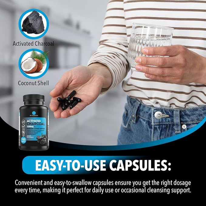 Dr. Robaina Activated Charcoal Capsules - 1200 mg Natural Detox and Digestive Support - 100 Capsules, Made in USA
