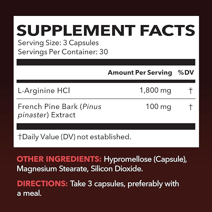 L-Arginine 1800mg and Pine Bark Extract 100mg - Nitric Oxide Supplement for Men - Performance Supplement for Men's Health - 90 Count - Endurance, Recovery Support - Vegan, Non-GMO Capsules