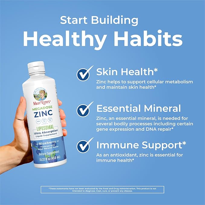 MaryRuth Organics Nutritional Supplement | Liposomal Liquid Zinc Supplement with Vitamin E | Overall Health and Skin Care | Blueberry | Vegan, Non-GMO, Gluten Free, No Sugar Added | 15.22 Fl Oz