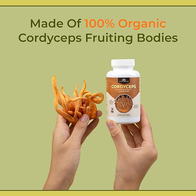 Naturealm Cordyceps Mushroom Capsules - Organic Mushroom Extract for Focus, Energy & Mental Clarity - 100% Mushroom Fruiting Bodies - Cordyceps Militaris Supplement (90 Vegetarian Capsules)