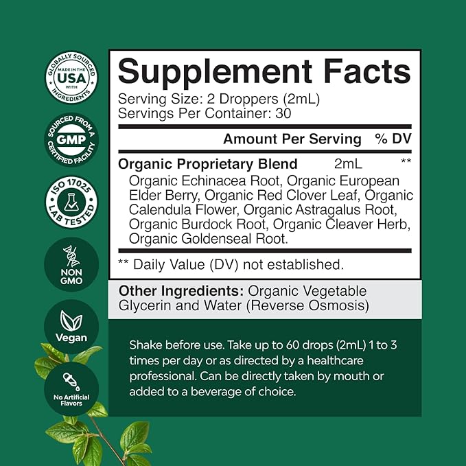 Certified Organic Lymphatic Drainage Drops - Herbal Lymphatic Cleanse and Immune Support Supplement with Echinacea Goldenseal & Red Clover Extract - Vegan Non GMO Alcohol and Sugar Free - 30 Servings