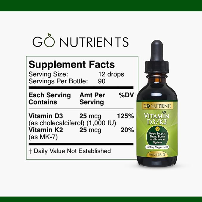 Go Nutrients Vitamin D3 K2 Drops – Liquid VIT D Supplement with MK7 for Adults & Kids – High Absorption Sublingual Support for Bone, Cardiovascular, Heart & Immune Health – 1 oz, 90 Servings
