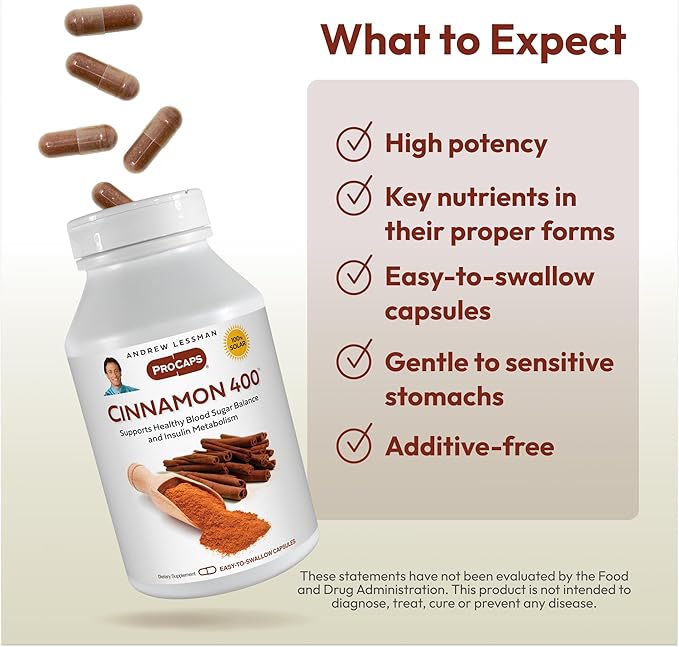 ANDREW LESSMAN Cinnamon 400mg - 240 Capsules - High Potency, Standardized Extract. No Additives. Small Easy to Swallow Capsules