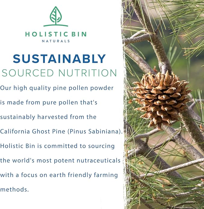 Holistic Bin Organic Pine Pollen Powder Pharmaceutical Grade, Wild Harvested, Golden California Pine Pollen | Non GMO, No Additives | Pure Pollen Supplement Made from The Ghost Pine Tree, 20 g