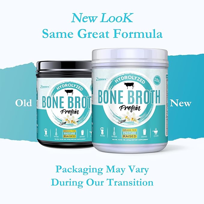Zammex Bone Broth Protein Powder, Pure Grass Fed Beef, Vanilla Protein Powder,Hydrolyzed Collagen Supplement for Healthy Skin,Nails,Hair,Joints, Non-GMO,Gluten Free, Great in Shakes
