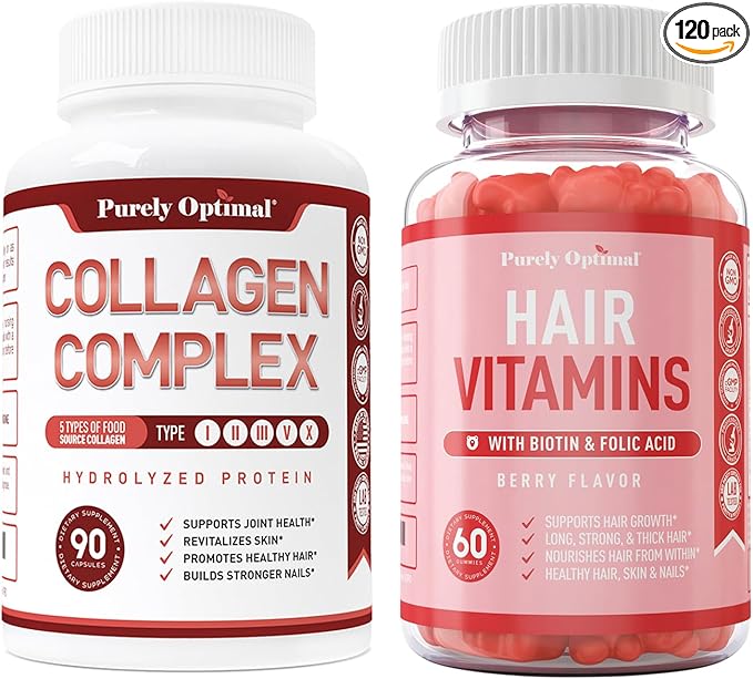 Purely Optimal Premium Multi Collagen Peptides Capsules (Types I, II, III, V, X) + Premium Hair Vitamins Supplement-Gummy Vitamins w/Biotin, Folic Acid, Vitamins A&D