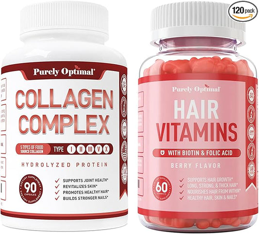 Purely Optimal Premium Multi Collagen Peptides Capsules (Types I, II, III, V, X) + Premium Hair Vitamins Supplement-Gummy Vitamins w/Biotin, Folic Acid, Vitamins A&D