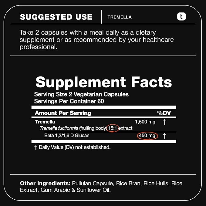 Tremella Mushroom Ultra High Potency 15:1 Extract with 30% Beta Glucans - Pure & Concentrated Formula - Third-Party Lab Tested for Purity & Quality - 120 Capsules