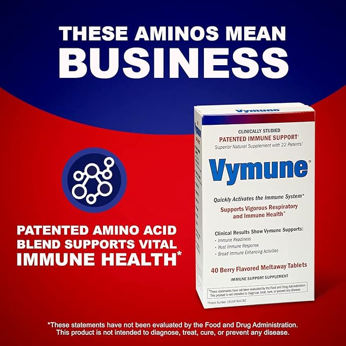 Vymune Amino-Acid Advanced Immune Support Supplement with Powerful Amino Acids Taurine, Lysine and Threonine Meltaway Tablets, Berry Flavored – for Adults (800mg Vitamin C, 40ct.)