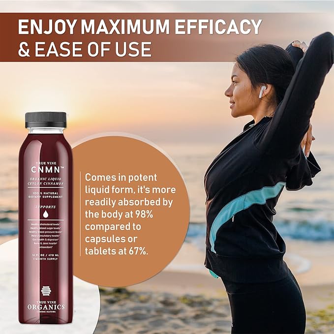True Vine 3200mg Liquid Ceylon Cinnamon Supplement (Made in USA) for Healthy Heart, Blood Pressure, Sugar, Cholesterol, Gut & Joints — 100% Organic Ceylon Cinnamon to Fight Free Radicals (16 fl oz)