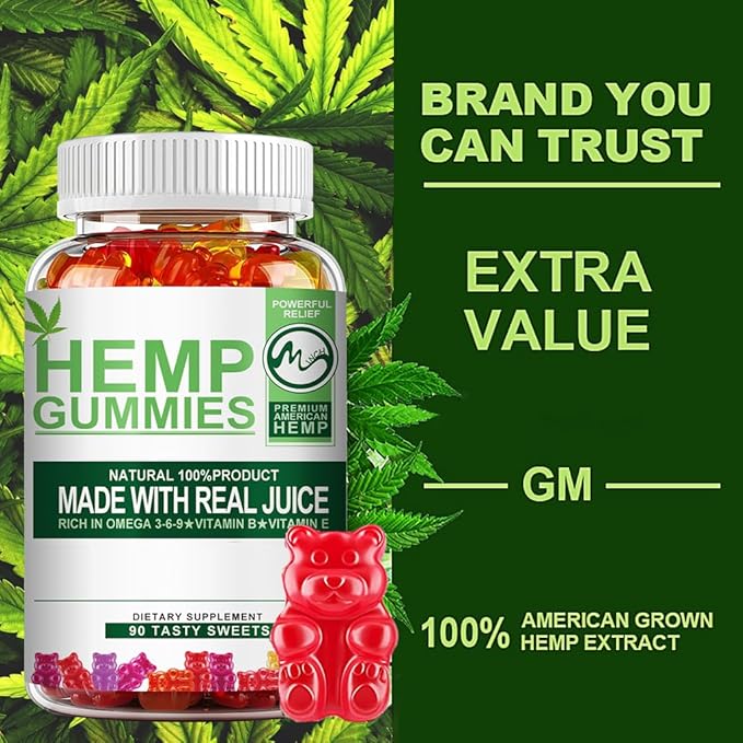 (2 Pack) Hemp Gummies - 90PCS Stress Relief Fruity Gummy Bear with Hemp Oil, Natural Hemp Supplements