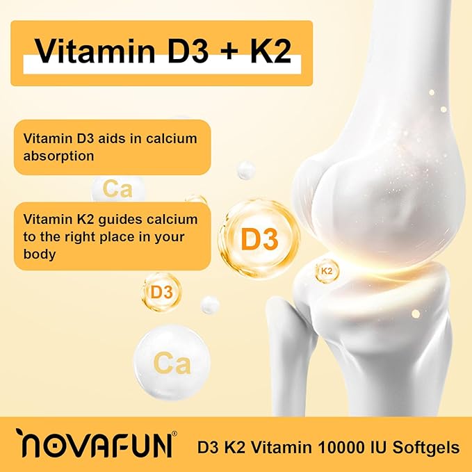 D3 K2 Vitamin 10000 IU Softgels, D3 K2 Supplement with Coconut Oil for Bone, Teeth Health, Support Muscle & Heart Health, 90 Count