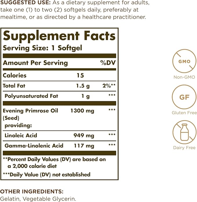 SOLGAR Evening Primrose Oil 1300 mg - 60 Softgels, Pack of 2 - Cold-Pressed Source of GLA - Non-GMO, Gluten Free - 120 Total Servings