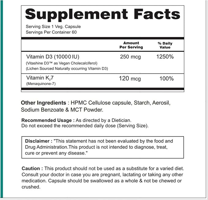 DK | Vegan Vitamin D3 10000 IU, Vitamin K2 120 Mcg with MCT Powder, Vegan Vitamin D3 K2 Supplement - 60 Cap