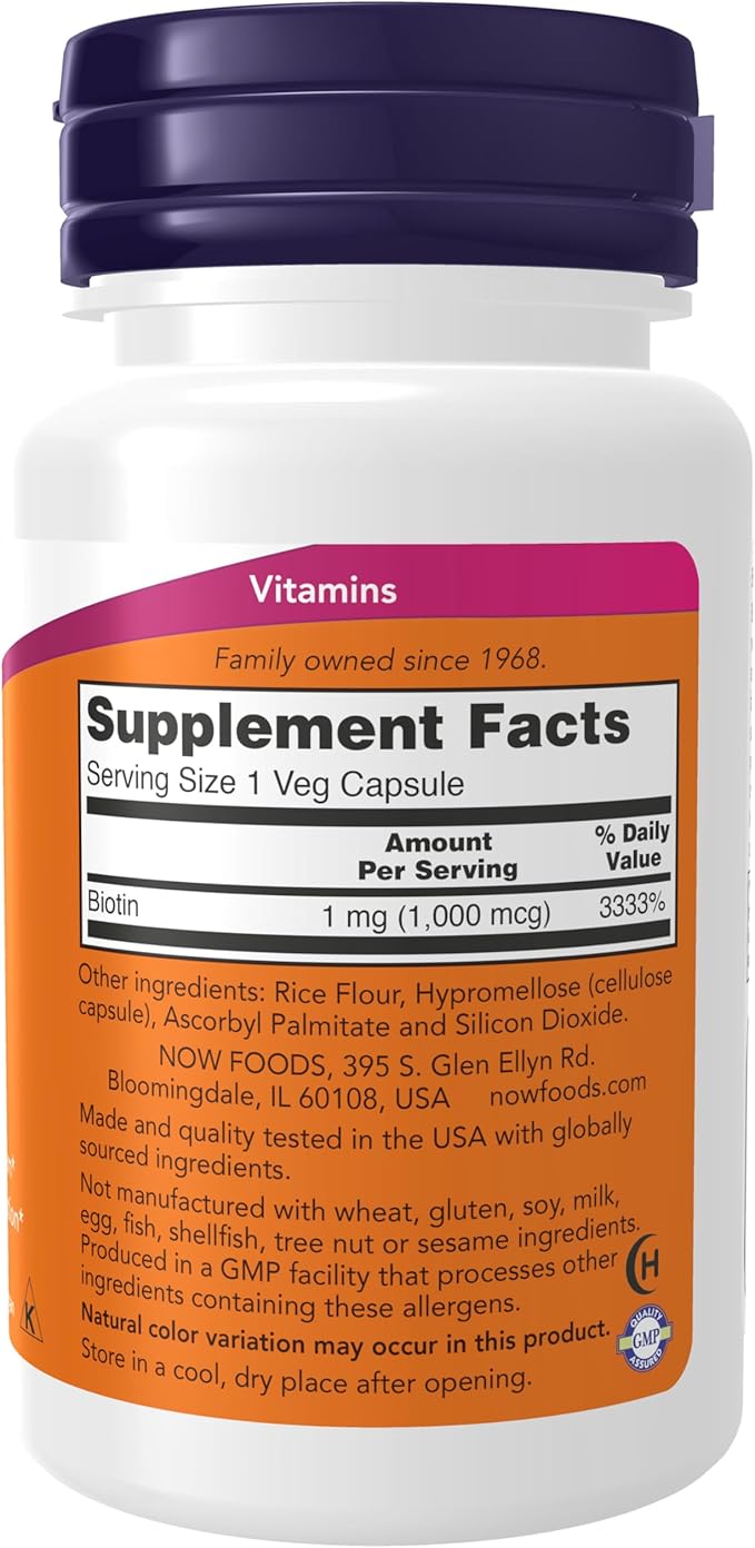NOW Foods Supplements, Biotin 1,000 mcg, Amino Acid Metabolism*, Energy Production*, 100 Capsules
