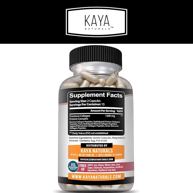 Kaya Naturals Multi Collagen Peptides Complex Powder for Women and Man, Vital for Hair, Skin, Nails, and Anti-Aging, Types I, II, III, V & X Collagen Protein Blend | Capsules - 30 Count Supplement