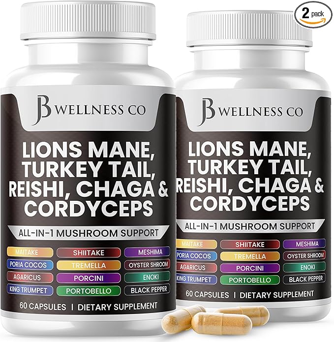 Lions Mane Supplement Cognitive Support, Immune Health with Turkey Tail 20in1 Mushroom Reishi Cordyceps Chaga with Marshmallow Root - 120 Count