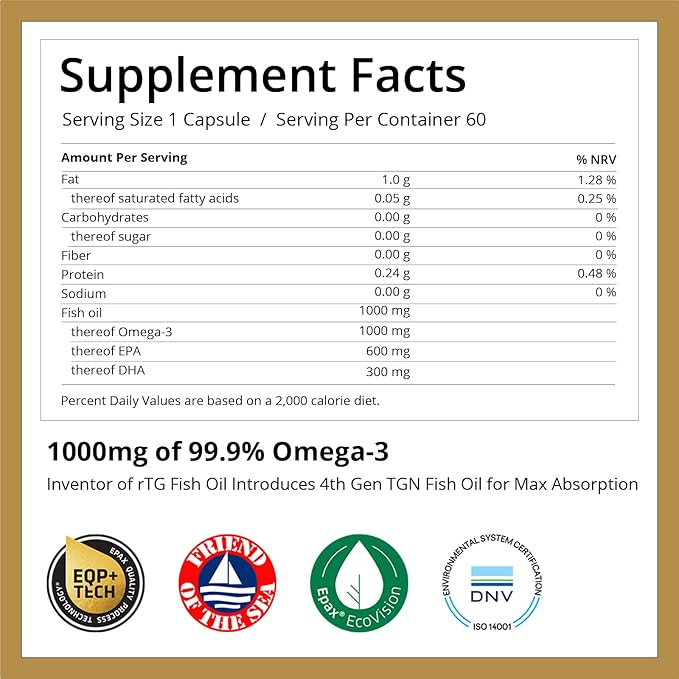 Non-Chemical TGN Fish Oil - 99.9% Purity, Max Absorption, Made in Germany - 1000 mg Omega 3 Supplement, 300 DHA 600 EPA Essential Fatty Acids for Eyes, Brain & Heart Health, 60 Days Supply