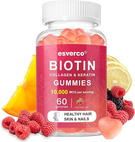 Biotin 10000mcg Keratin Collagen Gummies Supplements Hair Skin and Nails Vitamins Gummies Daily Hair Nail Growth & Strengthener Gummies for Women Vegan Biotin and Vitamin C Gummy 60 Count