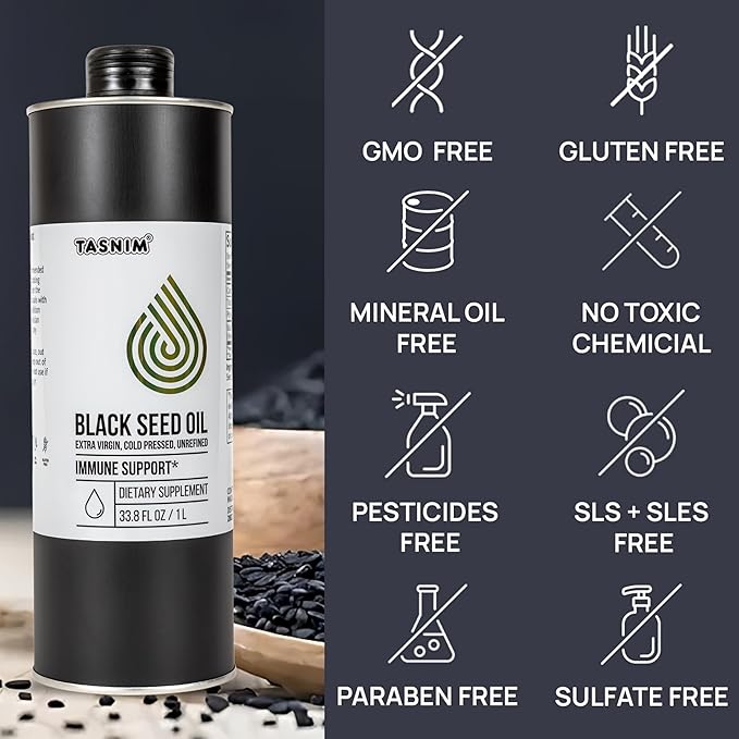 Tasnim Black Seed Oil (35.27 fl oz) | Cold Pressed for Immune Support (21% Thymoquinone) | Skin & Hair