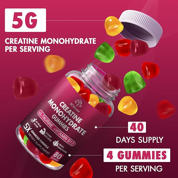 Creatine Monohydrate Gummies - 5g for Men & Women, 80 Count and Creatine Chewable Supplements for Muscle Gain, Muscle Strength, Energy Boost, and Muscle Builder, Sugar Free, Vegan