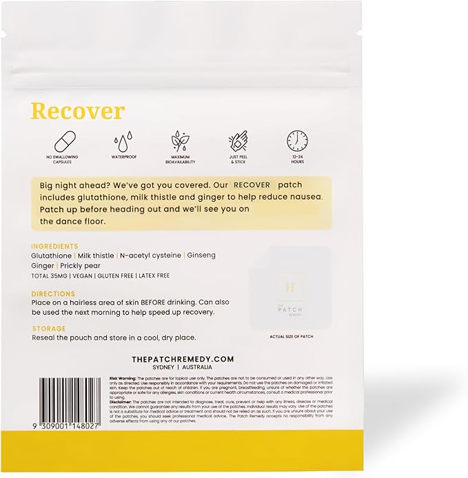 Recover Patch - 30 Topical Patches for a Night Out with Glutathione & Milk Thistle Extract for Pre & Post Party Recovery Relief Transdermal Skin Support