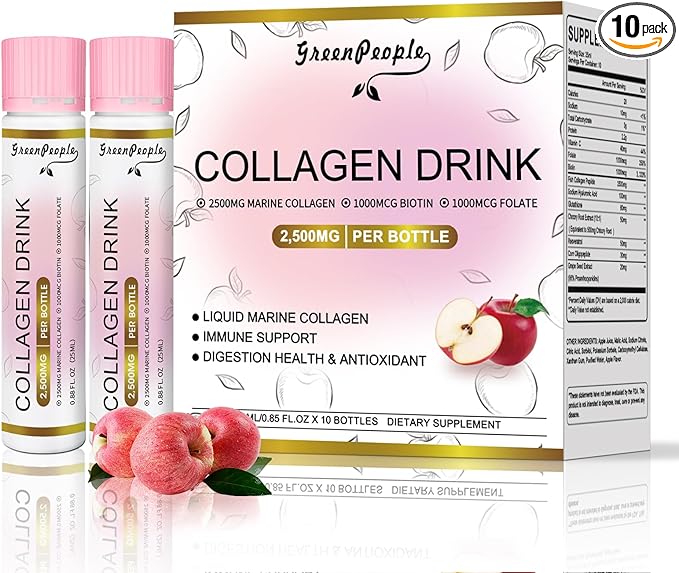 Liquid Collagen for Women & Men, Fish Collagen Peptides + Hyaluronic Acid + Vitamin Bs & C, Hair Skin Nails Joints Bones Support (0.85 fl oz, 10 Bottles, Apple)