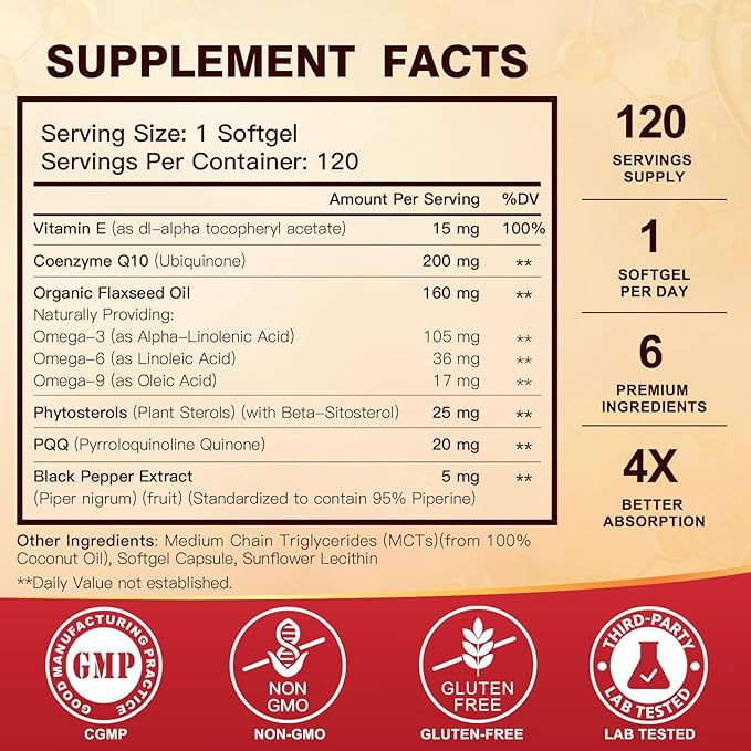 CoQ10 200mg Softgels with Vitamin E & Omega 3-6 -9 & PQQ - High Absorption Coenzyme Q10 with Bioperine | Maximum Antioxidant | Heart Supports & Cellular Energy Production Supplement | 120 Servings