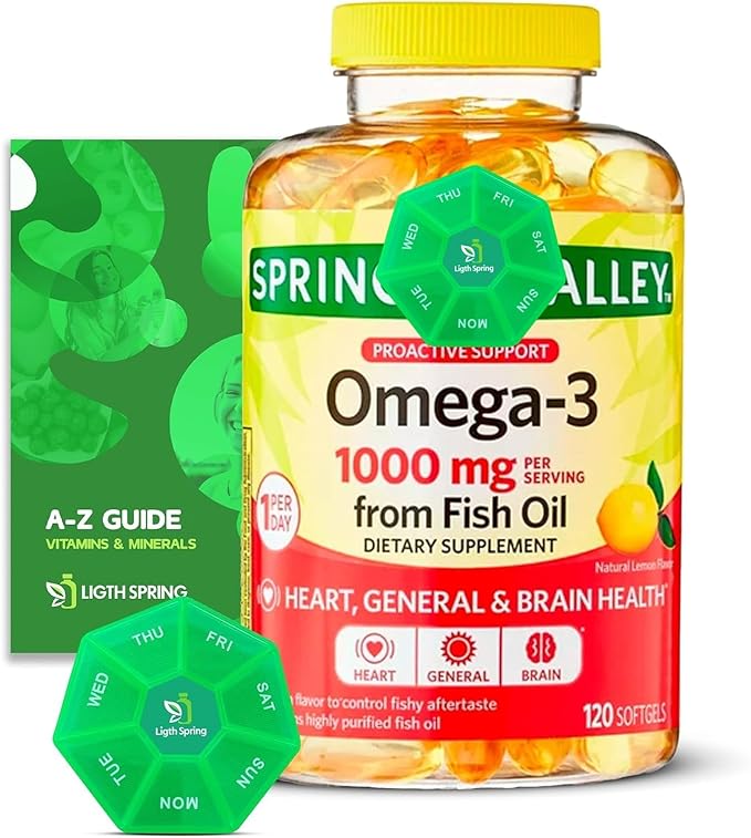 Omega-3 1000mg, from Fish Oil with 120 Softgels with Bundle Exclusive Better Ligth&Spring Guide + Weekly Pill Organizer (3 Items)