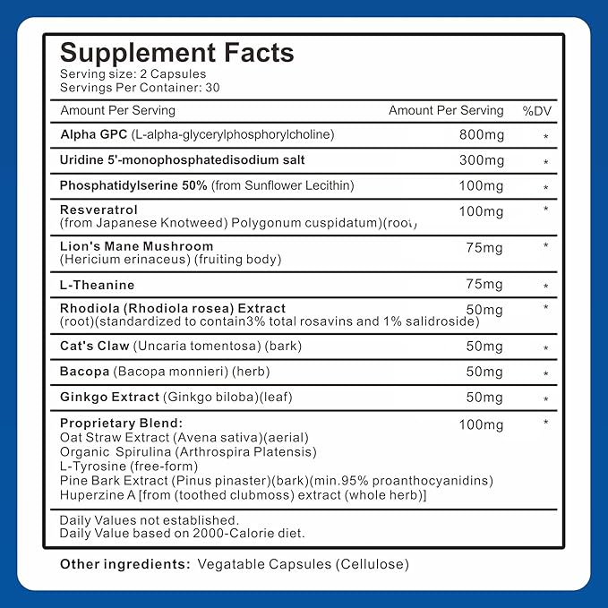 15-in-1 Alpha GPC Supplement - Nootropic Brain Supplement with Phosphatidylserine, Uridine,L-Theanine,Lion's Mane Mushroom for Brain Support, Memory and Focus,180 Capsules