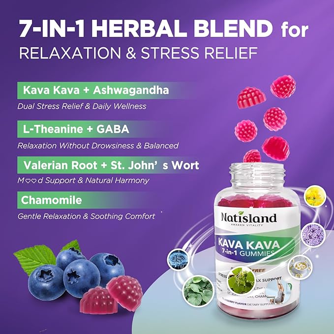 Chewable Kava Kava Gummies, Kava Kava Root Extract with Ashwagandha & L-Theanine, Kava Supplement for Women & Men, 7-in-1 Herbal Blend for Stress Relief & Relaxation, Sugar-Free, Vegan, 60 Ct