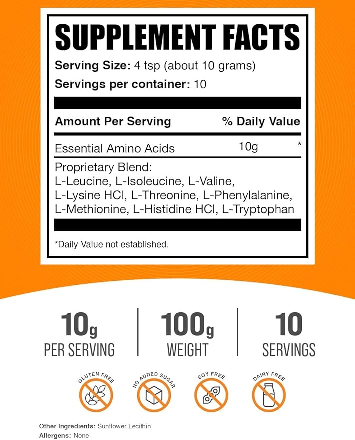BulkSupplements.com Essential Amino Acids Powder - Essential Amino Acids Supplement, EAA Powder - Unflavored & Gluten Free, 10g per Serving, 100g (3.5 oz) (Pack of 1)