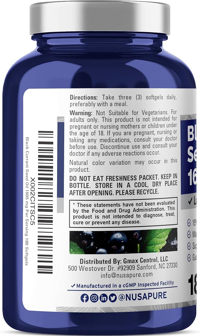 NusaPure Black Currant Seed Oil 1605 mg Gamma Linoleic Acid (GLA) 15% 180 Softgels (Non-GMO, Soyfree)