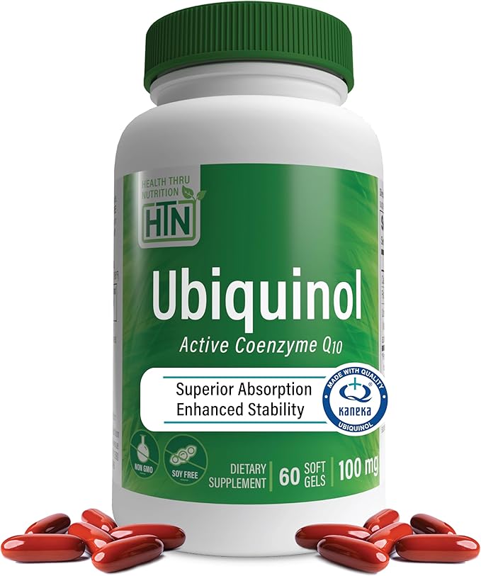 Health Thru Nutrition Ubiquinol 100mg 60 Softgels as Kaneka QH Reduced CoQ-10 | Stabilized - 3rd Party Tested | Enhanced Bioavailability | Cardiovascular & Mitochondria Function Support | Non-GMO