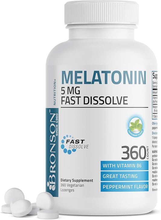 Bronson Melatonin 5mg Fast Dissolve Peppermint Tablets with Vitamin B6 - Promotes Relaxation, 360 Vegetarian Chewable Lozenges