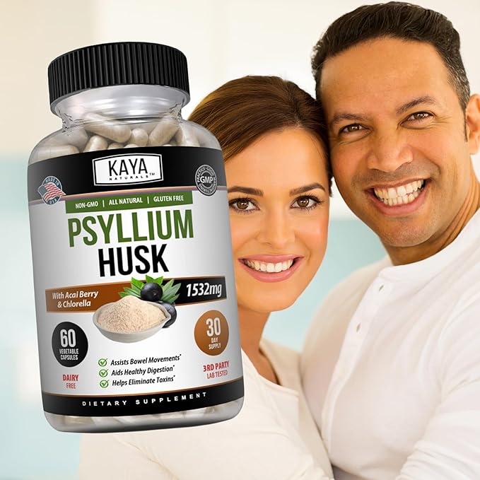Kaya Naturals Psyllium Husk Capsules - 60 Count | High Fiber Supplement | Digestive Health & Regularity | Gluten-Free, Non-GMO