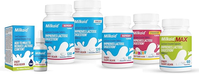 Milkaid Lactase Enzyme Chewable Tablets for Lactose Intolerance Relief | Prevents Gas, Bloating & Diarrhea | Fast Acting Dairy Digestive Supplement (120 Tablets, Raspberry)