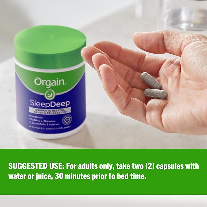 Orgain SleepDeep, Melatonin Sleep Aid Support Supplement with Magnesium, GABA, L-Theanine, L-Tryptophan, Chamomile, Lemon Balm & Valerian Root, Gluten Free, Doctor Formulated - 60 Count, 30 Day Supply