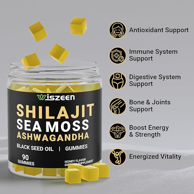Sugar Free Shilajit Ashwagandha Sea Moss Gummies with Black Seed Oil - Ashwagandha + Shilajit + Sea Moss + Black Seed + Burdock