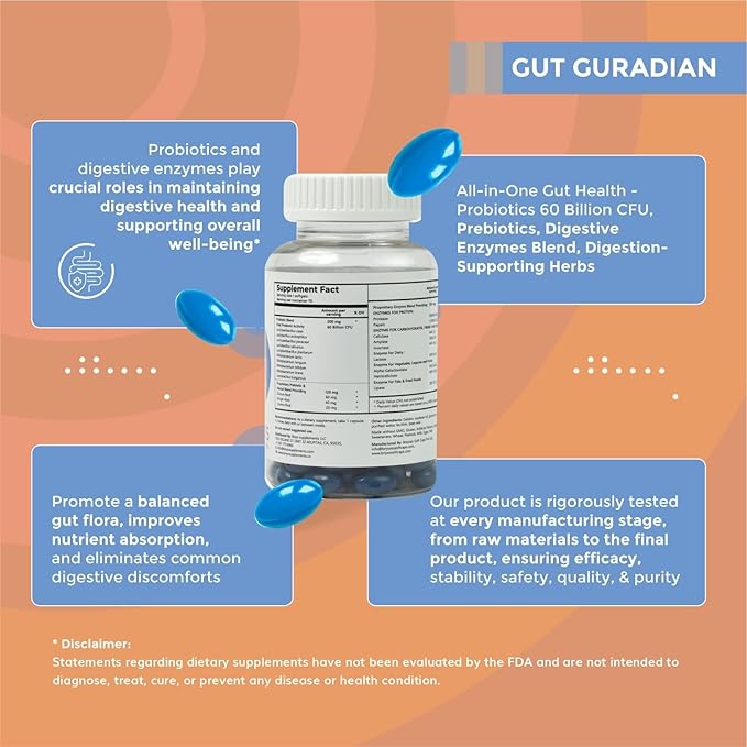 Briyo Gut Guardian Gut Health Support - 60 Billion CFU Probiotics, Prebiotics, Digestive Enzymes, and Herbs for Digestion & Immune Health - Relieves Constipation, Diarrhea, Gas & Bloating