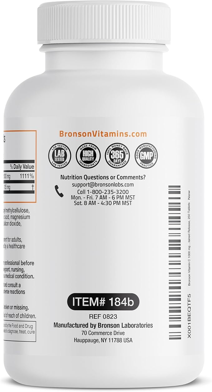 Bronson Vitamin C 1000 mg with Rose HIPS Sustained Release, 250 Tablets