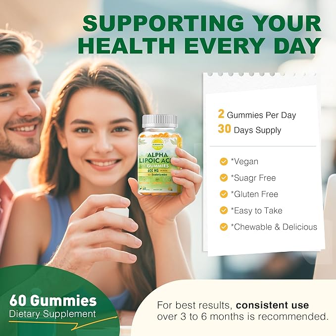 Alpha Lipoic Acid Gummies - Vegan, Sugar-Free,600 mg ALA Supplement - Pure ALA Alpha Lipoic Acid 600mg with Benfotiamine for Nerve Support, Antioxidant Support - 60 Counts