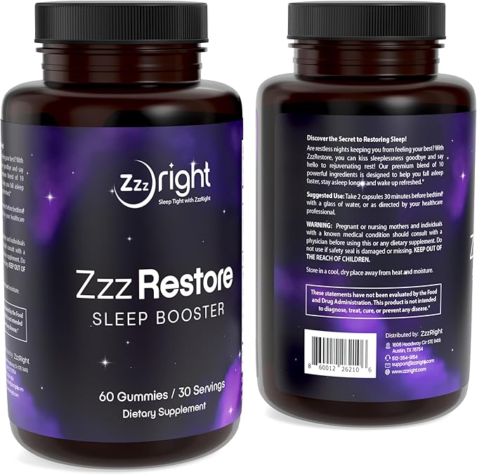 ZzzRestore Sleep Booster – Natural Sleep Aid with 2mg Melatonin & Herbal Blend | Non-Habit Forming, Deep Sleep Support | 1 Month Supply