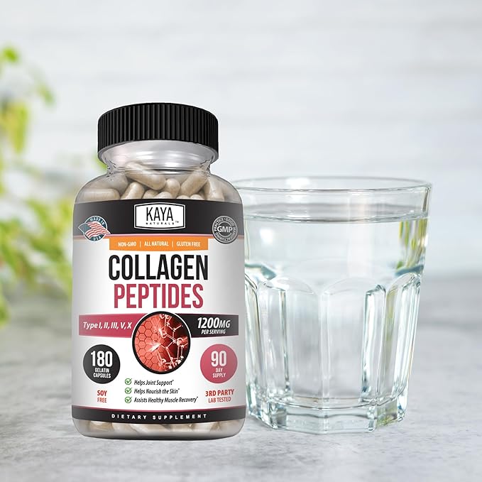 Kaya Naturals Multi Collagen Peptides Complex Powder for Women and Men, Types I, II, III, V & X | 180 Count Capsules