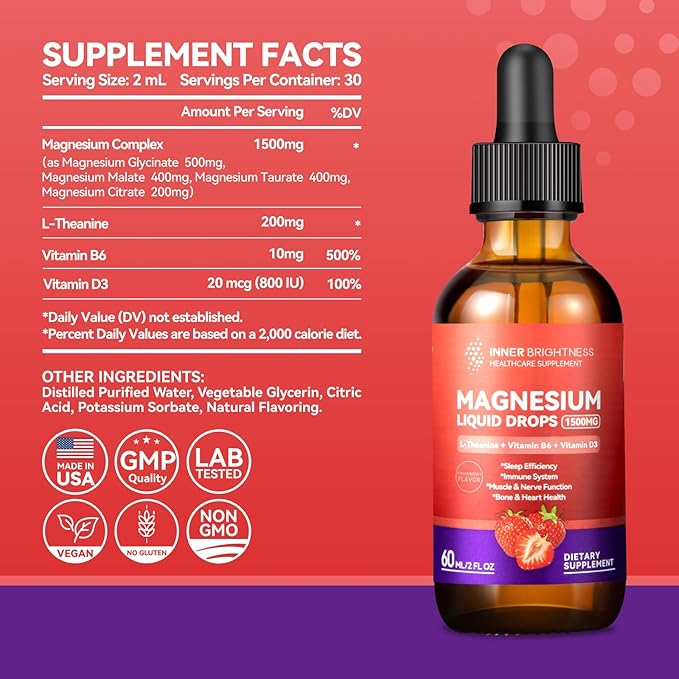 Magnesium Glycinate Liquid Drops 1500mg with Magnesium Citrate & Taurate, L-Theaine, Vitamin D3, B6, Supports Calm, Sleep, Muscle Relaxation, Leg Cramps & Energy, Strawberry Flavor, 60 mL