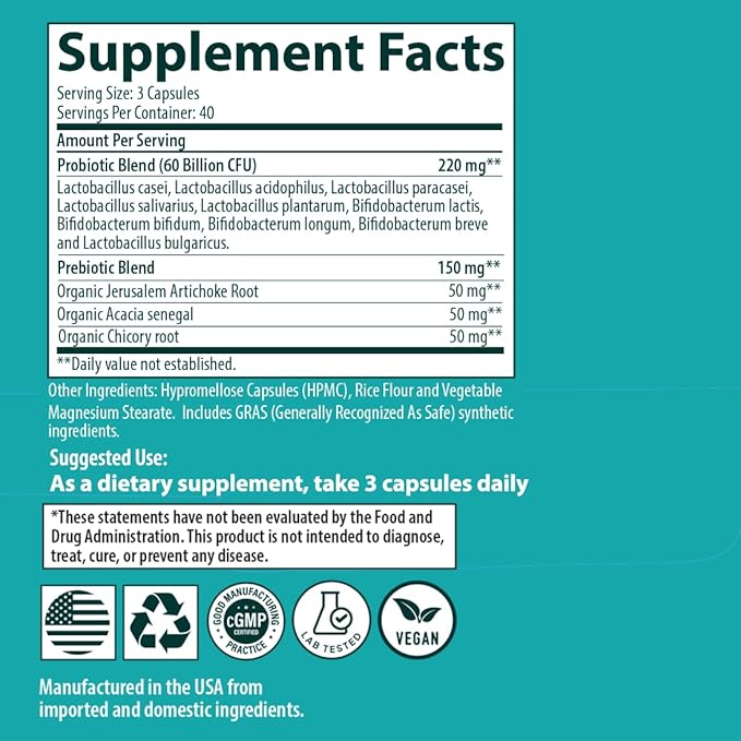 Sanar Naturals Probiotics 60 Billion CFU – 10 Strains + Prebiotics - Supports Immune, Digestive, & Gut Health - Probiotics for Women and Men - Vegan, Non-GMO, Gluten Free, 120 Capsules